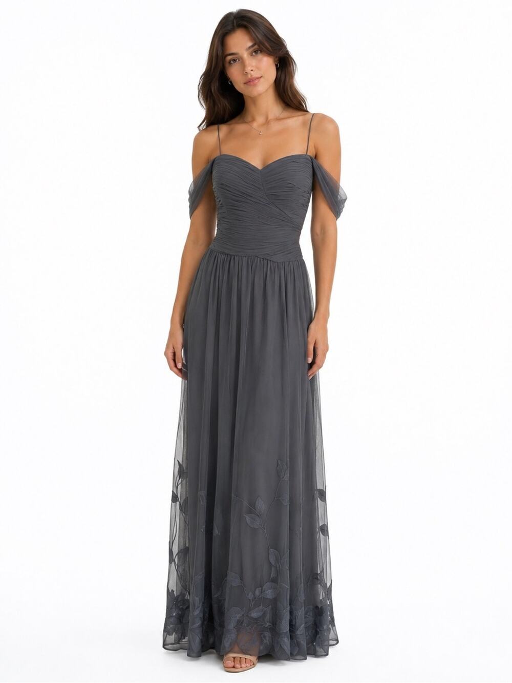 Y2K Gray Chiffon Maxi Dress 8 Convertible Off Shoulder Embroidered Floral Hem